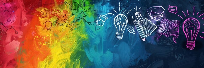 A vibrant chalkboard displays colorful brush strokes and detailed drawings of globes, rulers, calculators, and lightbulbs, enhancing the classroom atmosphere. Generative AI