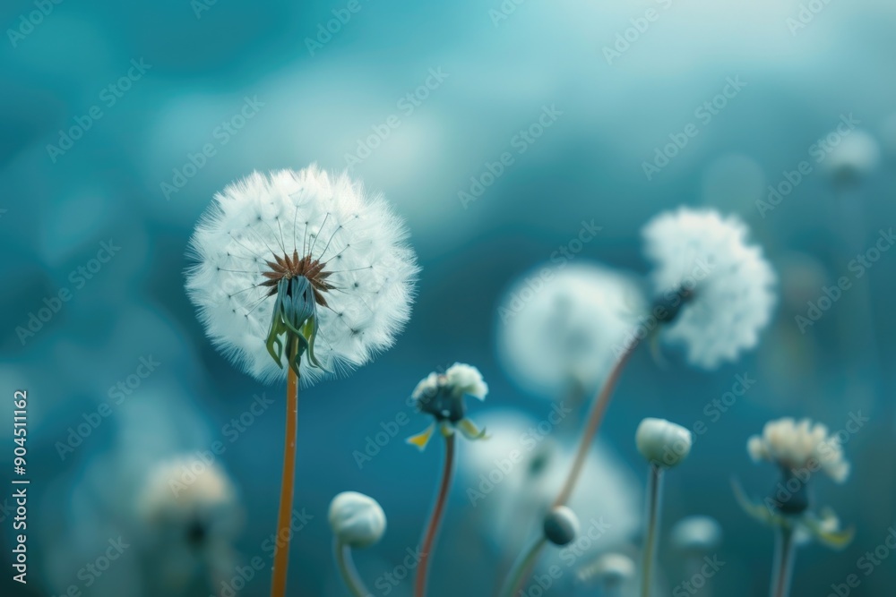 Poster a detailed shot of a single dandelion flower with a blurred background