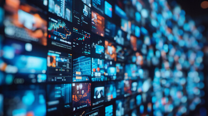 Multiple screens displaying video content and news, graphics  and charts, Digital business background. 
