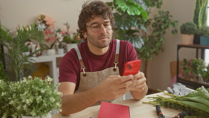 A young hispanic man with a beard in a flower shop using a smartphone with plants in the background.