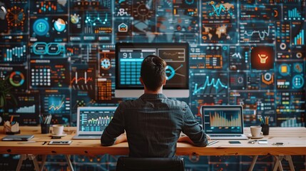 Man working with data on multiple screens