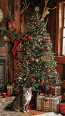 A cozy living room features a Christmas tree adorned with ornaments and a cat sitting near wrapped presents