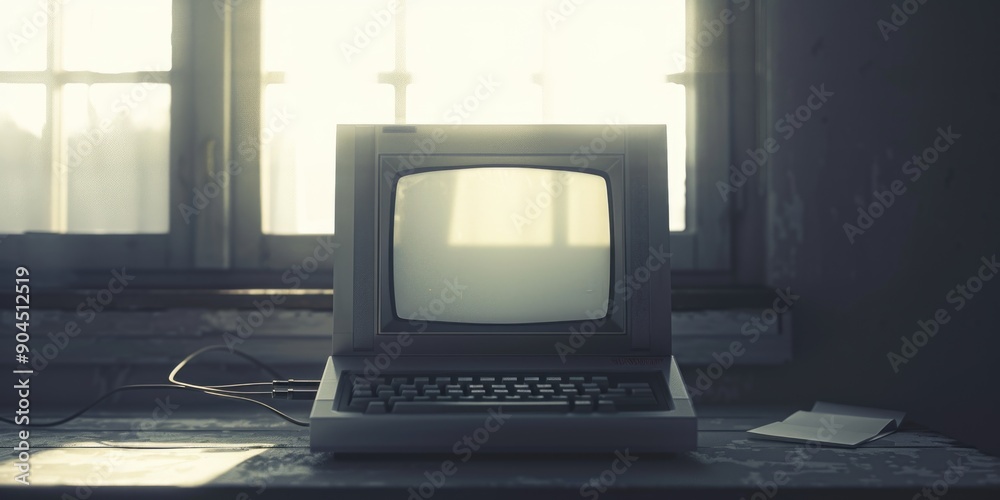 Poster an old computer sitting on a table, great for illustrating vintage technology or retro computing the