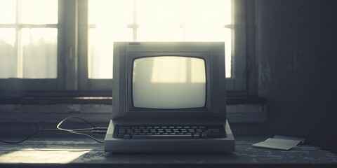 An old computer sitting on a table, great for illustrating vintage technology or retro computing themes