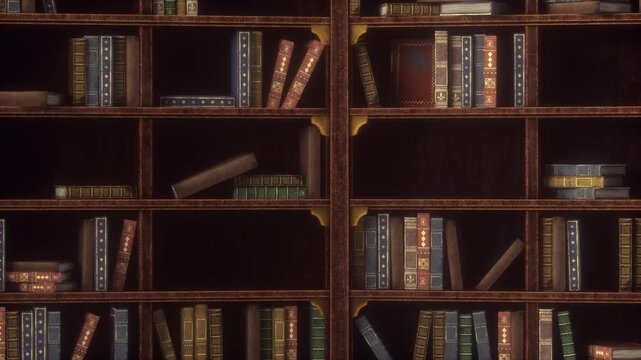 Old books on bookshelves in a vintage library. Seamless looping animation