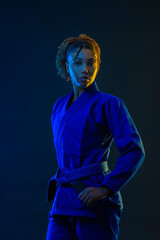 Brazilian girl Jujutsu fighter is ready for the Jiu Jitsu wrestling competition. Brazilian sport...