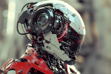 Fototapeta premium Futuristic robot with glowing red lights standing still