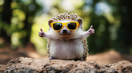 funny hedgehog wearing sunglasses and doing thumbs up, animal cartoon. Design for Wall Art, Poster Print, Wallpaper & Background