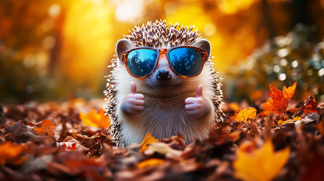 funny hedgehog wearing sunglasses and doing thumbs up, animal cartoon. Design for Wall Art, Poster Print, Wallpaper & Background