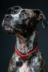 Close-up photo of a dog wearing a distinctive red collar