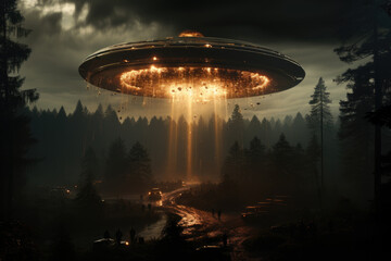 A UFO hovers above a dark forest, emitting bright beams of light into the trees below