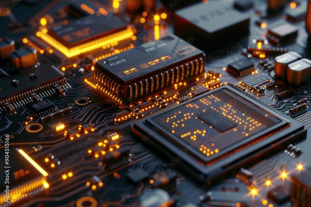 Poster modern computer circuit board with illuminated processor, showing the complexity of a motherboard