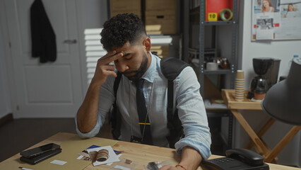 A contemplative young hispanic man with a beard sits at a cluttered detective's office table with...