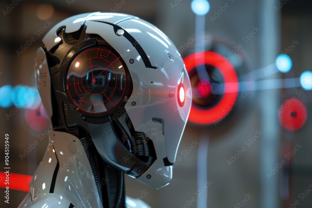Poster futuristic robot scanning with head display detecting analyzing information in server room