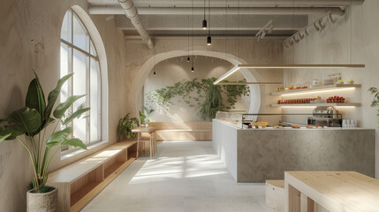 Fototapeta premium A restaurant with a lot of greenery and plants. The interior is bright and inviting, with a lot of natural light coming in through the windows. The tables are set up with baskets of fruit