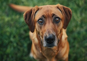 Captivating Close-Up of a Brown Dog with Expressive Eyes in a Green Field - Perfect for Pet Lovers and Animal Websites