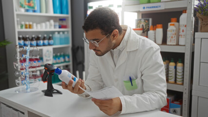Hispanic man pharmacist examining medication bottle in a pharmacy with shelves of bottles and packages in the background.