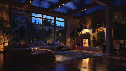 Atmospheric Nighttime Living Room with Fireplace and Skylight
