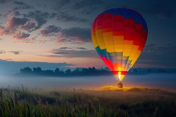 Fototapeta premium Colorful hot air balloon is taking off from a misty valley at dawn