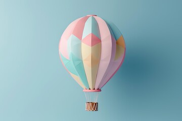 Fototapeta premium 3d render of a colorful hot air balloon floating on a pastel blue background, conveying a sense of joy and adventure
