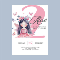 Fairy 2nd Birthday Watercolor Invitation © printdiyparty@gmail