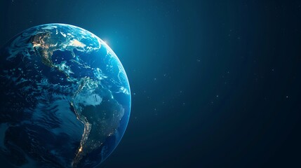 A close-up view of the Earth from space, showcasing continents and city lights.