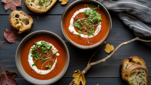 Delicious Autumn Tomato Soup with Microgreens and Crusty Bread on Rustic Wooden Table.