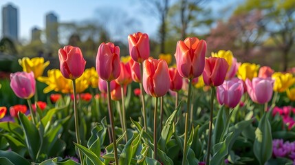 A field of flowers with pink and yellow tulips