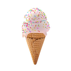Ice Cream Scoops with Rainbow Sprinkles in a Waffle Cone on a Pastel Pink Background
