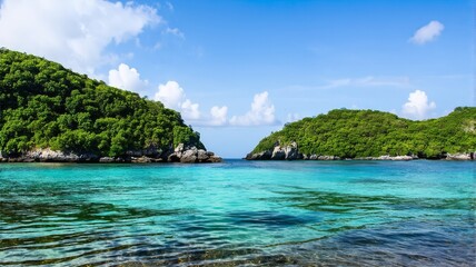 Fototapeta premium Serene Tropical Island Paradise with Crystal Clear Waters on a Sunny Day - Ideal for Travel and Nature Enthusiasts