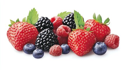 Assorted ripe berries featuring strawberries, blackberries, raspberries, and blueberries, cut out