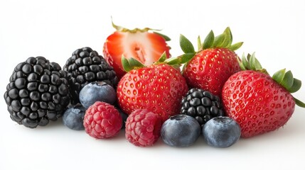Assorted ripe berries including strawberries, blackberries, raspberries, and blueberries, cut out on white