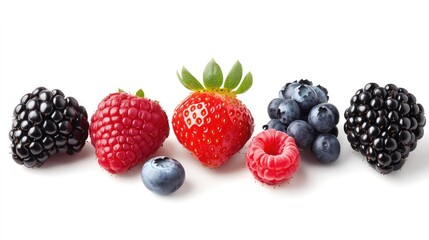 Assorted ripe berries including strawberries, blackberries, raspberries, and blueberries, cut out