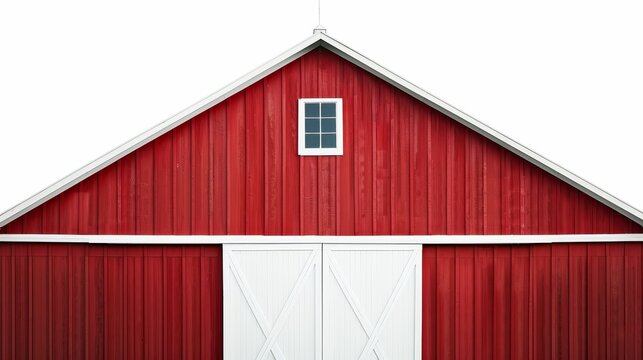 Isolated classic red barn with white trim, clear background, spacious for adding text, sharp details