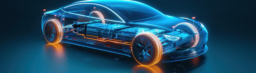 Fototapeta premium A car engine is lit up with orange lights. The car is on display in a showroom