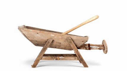 Old-fashioned wooden wheelbarrow, beautifully rustic, isolated background, spacious copy text area on the left side