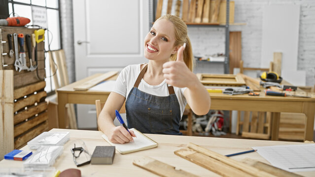 A confident woman carpenter with blonde hair gives a thumbs up in a well-equipped woodworking workshop.