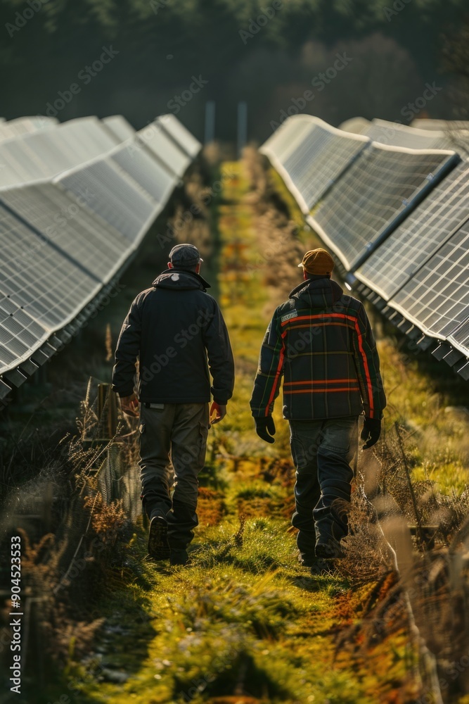 Poster two people walking on a field of solar panels, with rows of photovoltaic panels in the background
