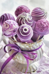 Fototapeta premium A display of purple wedding cake pops with white designs, in front is an elegant pot tied with ribbon