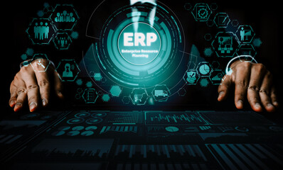 Enterprise Resource Management ERP software system for business resources plan presented in modern...