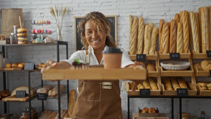 Woman serving desserts in a bakery shop while smiling, surrounded by a variety of baked goods and pastries, displaying a welcoming and friendly atmosphere