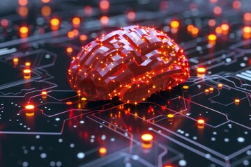 Futuristic red robotic brain on a circuit board representing artificial intelligence and high tech innovation in a modern technological setting.