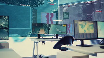 Military control center used in following global threats on a big display, empty federal intelligence agency deals with national safety alerts. Government service operations room with high tech.