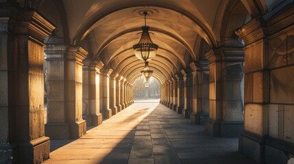 Fototapeta premium A long hallway with a single lamp hanging from the ceiling, creating a warm and cozy atmosphere