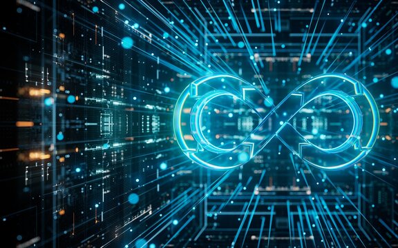 Devops software development operations infinity symbol. Web development concept in isometric design. Developing of internet app, online website service.