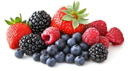 Colorful and fresh mix of ripe strawberries, blackberries, raspberries, and blueberries, cut out