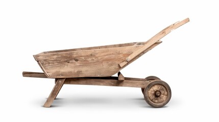 Rustic wheelbarrow made of wood, isolated background, right side clear for text placement, subtle shadows