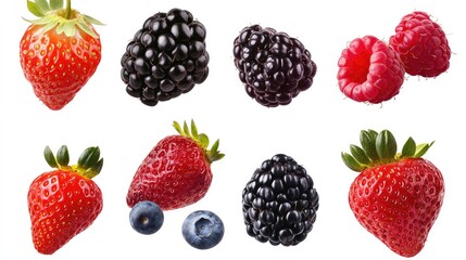 Colorful collection of ripe strawberries, blackberries, raspberries, and blueberries, cut out