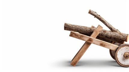 Rustic wheelbarrow made of wood, isolated background, right side clear for text placement, subtle shadows
