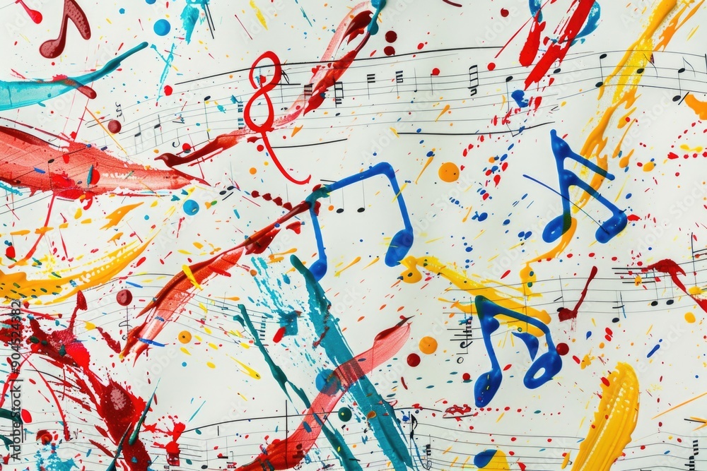 Poster A detailed view of a painting featuring musical notes and staff, suitable for use in music-related contexts